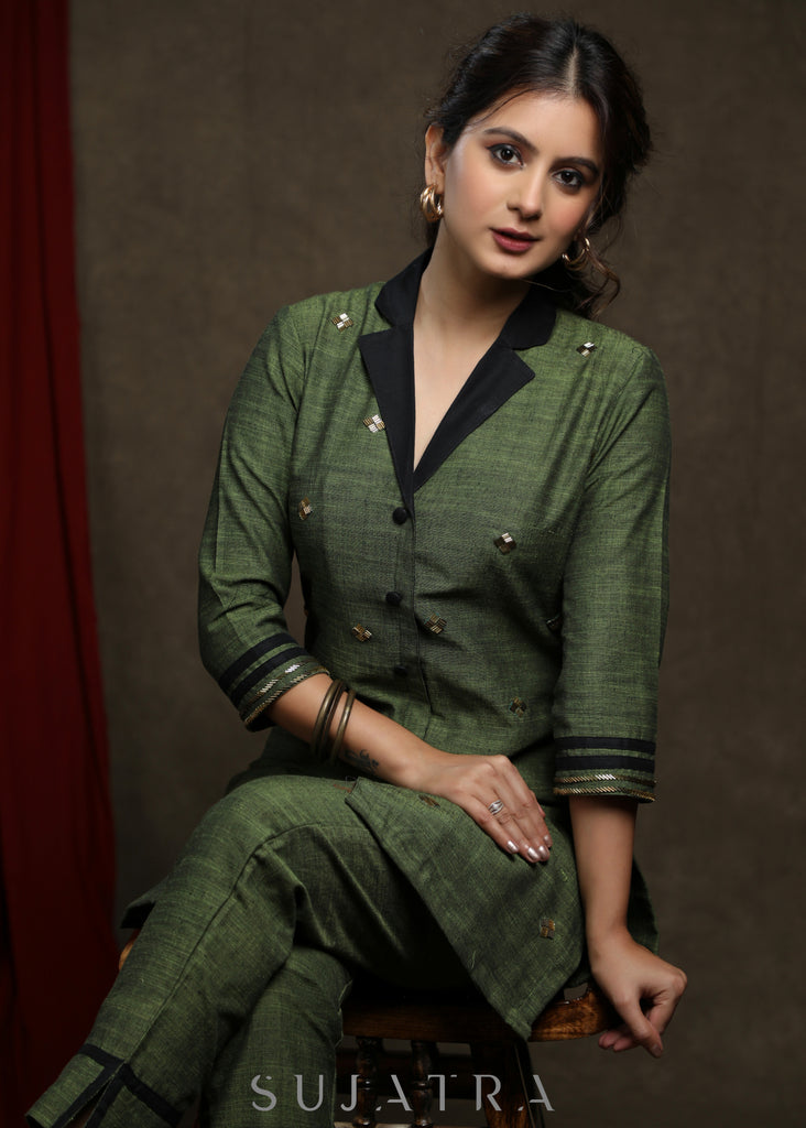 Striking Forest green pure cotton tunic with all over embellishments - Co ord Pant optional