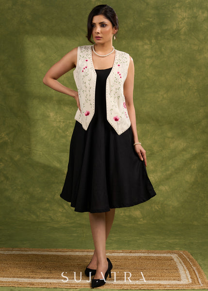 Garden Party Elegance : Off White Floral Embroidered Waist Coat Dress Optional
