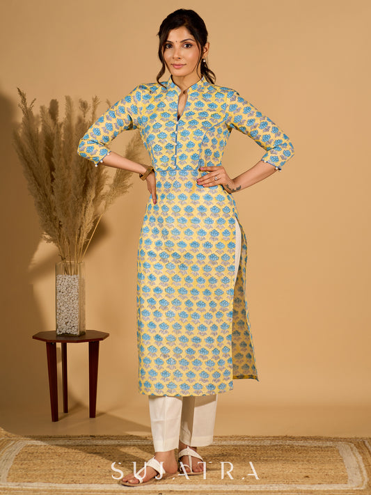 Lush Lemon Mul Cotton Kurta with Contrast Piping and Delicate Pearl Embellishments