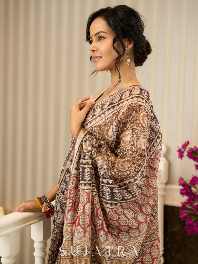 Rustic charm woven in earthy tones—hand block printed kota saree