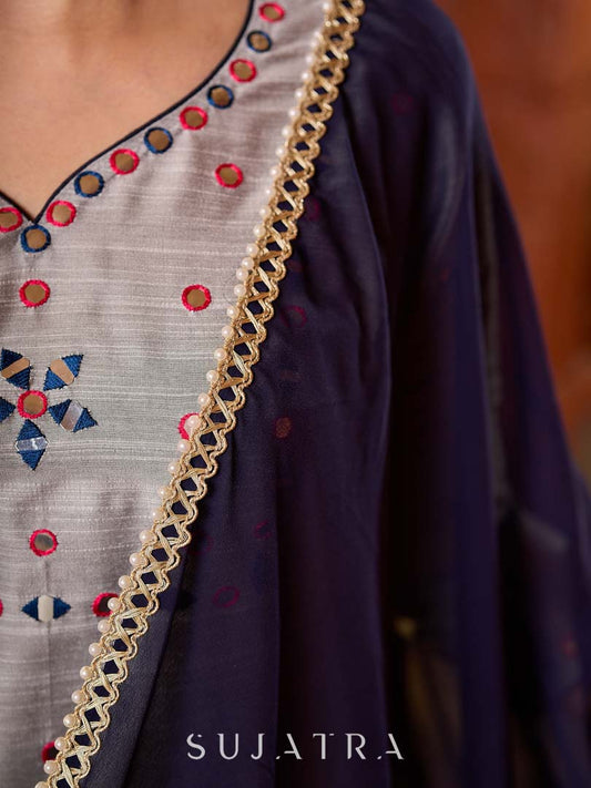 Refined Navy Blue Georgette Dupatta with Delicate Pearl Lace Embellishment