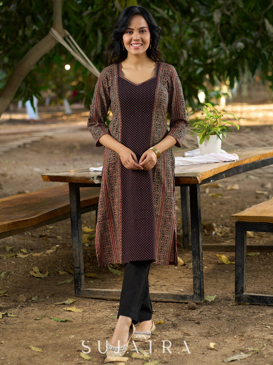 Sleek Black Ajrakh Panel Kurta with Fine Embellishments