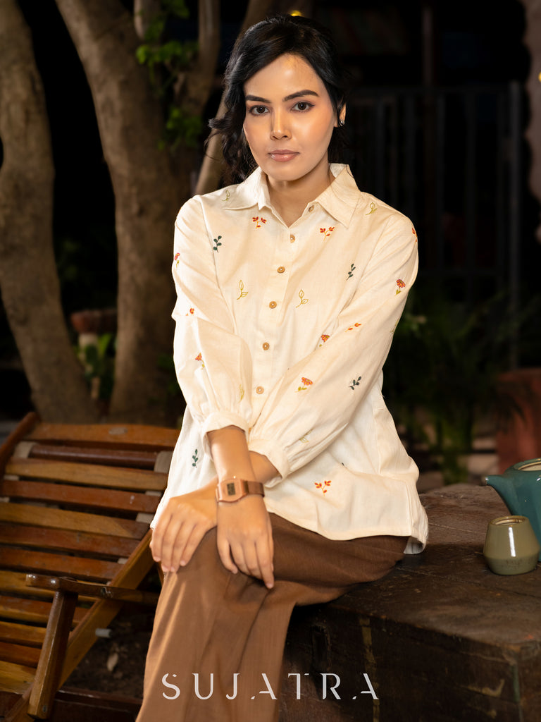 Off-White Cotton Shirt with Exquisite Handcrafted Floral Embroidery