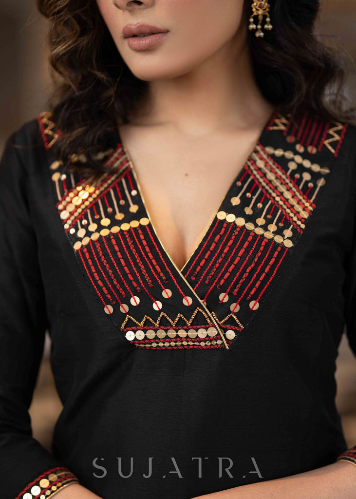 Elegant Black Cotton Silk Pant & Kurta With Red & Gold Embroidery On Neckline & Sleeves  -Dupatta Optional
