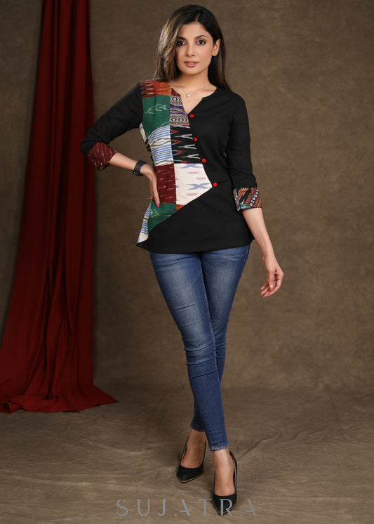 Smart Cotton Ikat patchwork Black Top