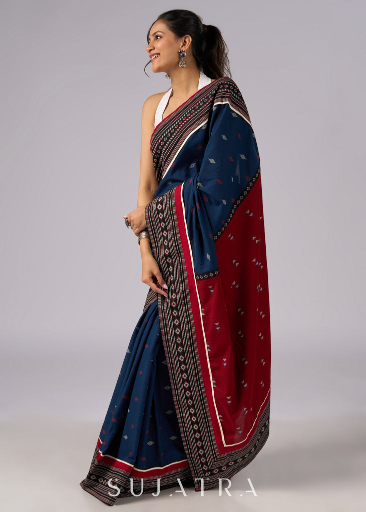 Exclusive blue & maroon combination cotton saree with Ajrakh border