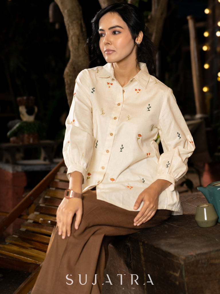 Off-White Cotton Shirt with Exquisite Handcrafted Floral Embroidery