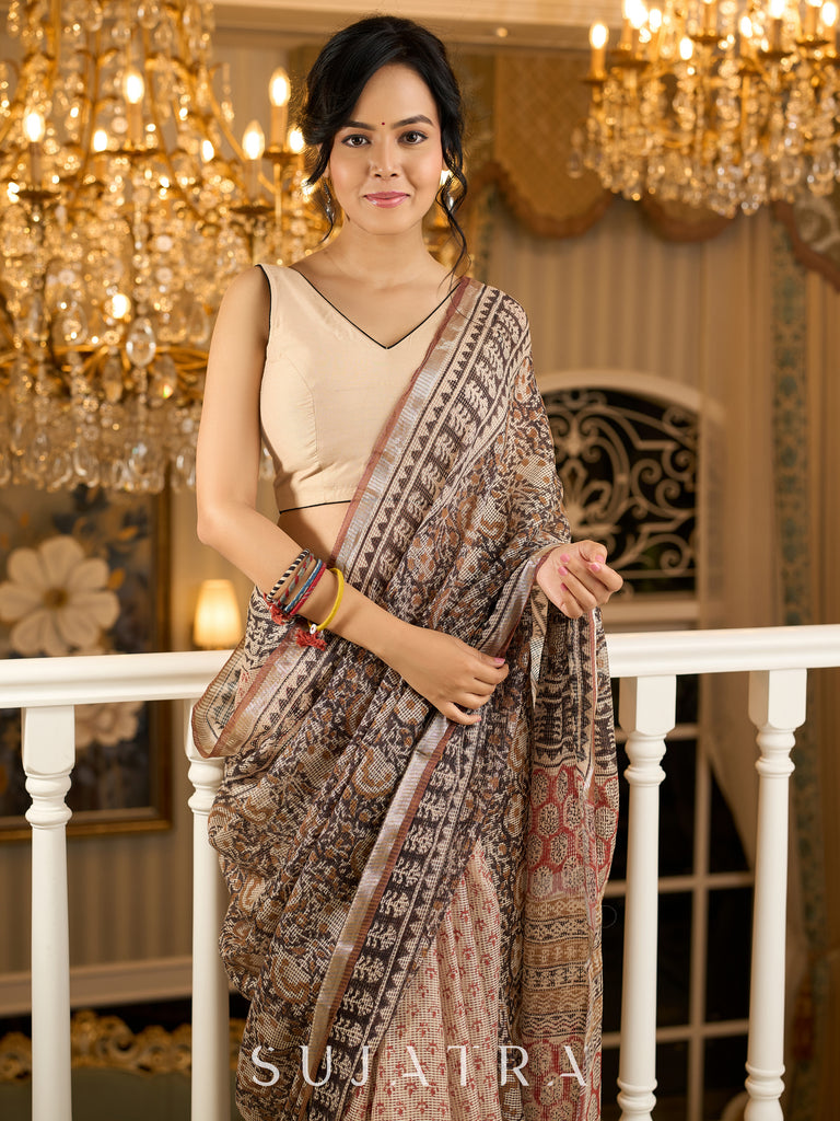 Rustic charm woven in earthy tones—hand block printed kota saree