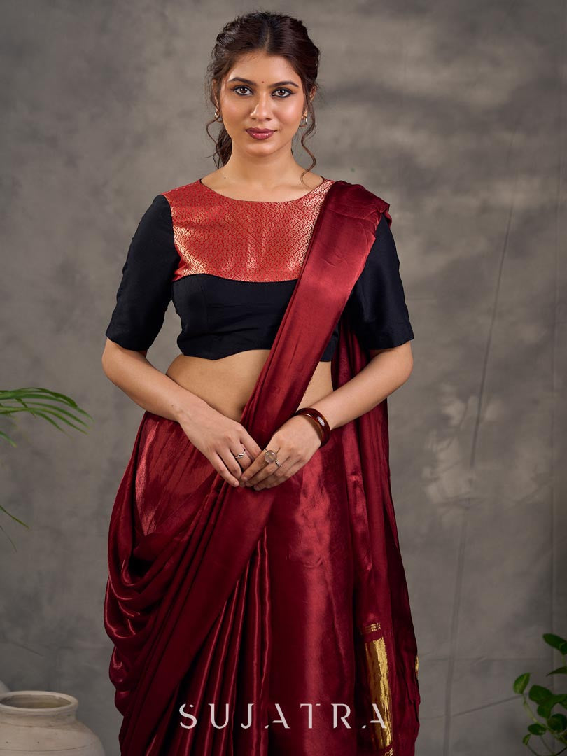 Midnight Black Cotton Silk Blouse with Antique Maroon Benarasi Boat Neck Yoke