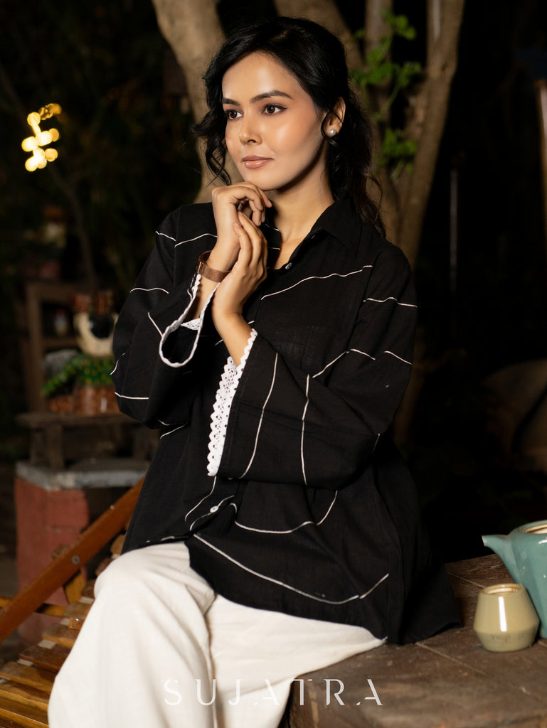 Bold Black Cotton Shirt with Abstract Embroidered Lines and Crochet Lace Accents