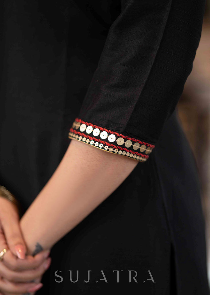 Elegant Black Cotton Silk Pant & Kurta With Red & Gold Embroidery On Neckline & Sleeves  -Dupatta Optional