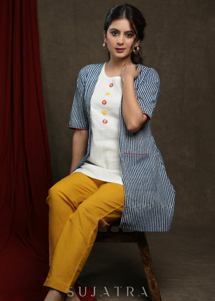 Trendy White Cotton embroidered buttons tunic with indigo shrug - Pant Optional
