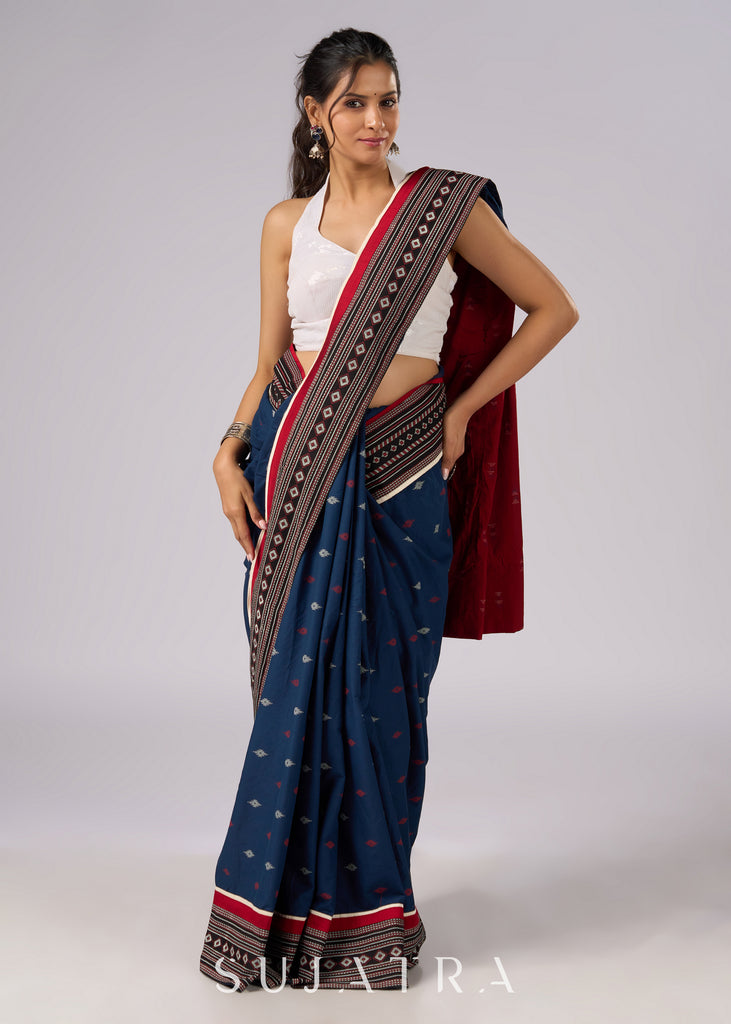 Exclusive blue & maroon combination cotton saree with Ajrakh border
