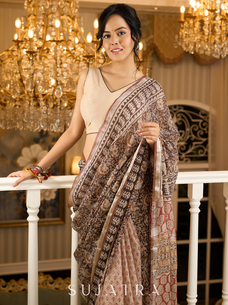 Rustic charm woven in earthy tones—hand block printed kota saree