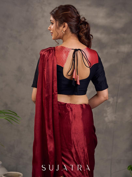 Midnight Black Cotton Silk Blouse with Antique Maroon Benarasi Boat Neck Yoke