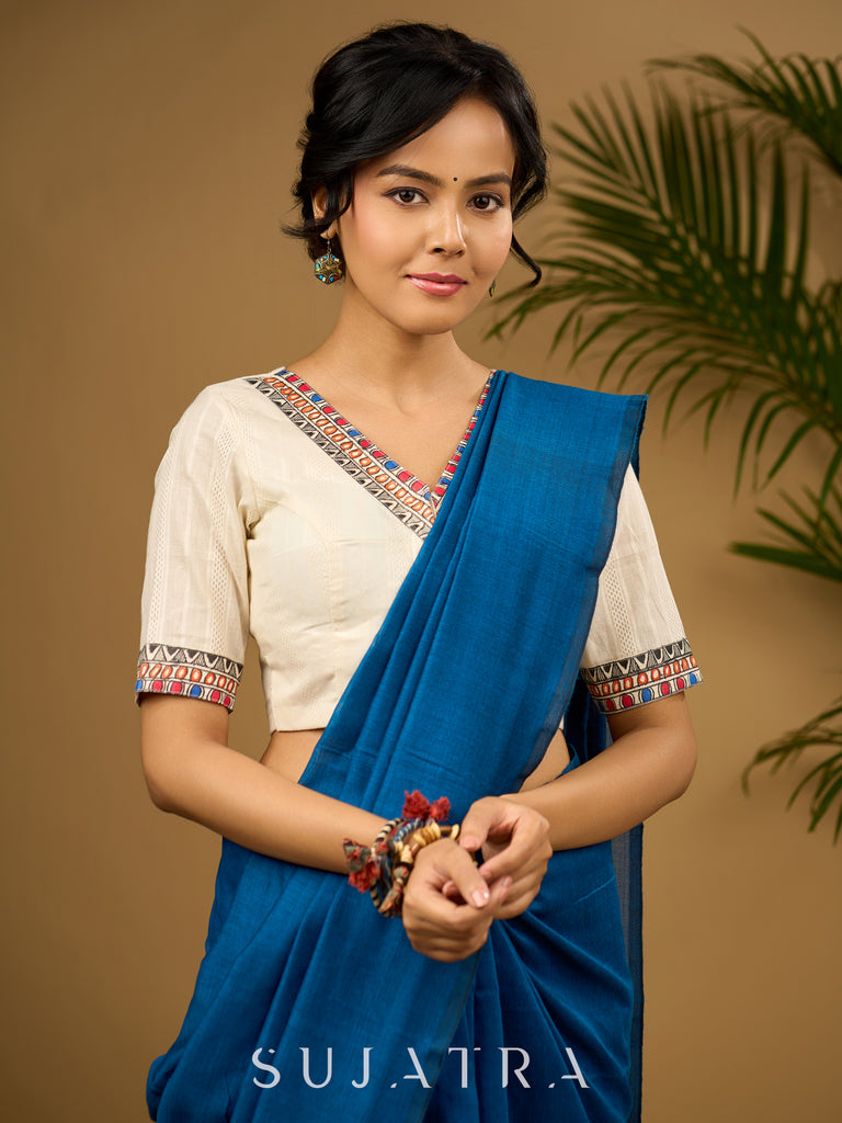 Elegant off-white cotton madhubani Handpainted blouse - Optional Plain Saree