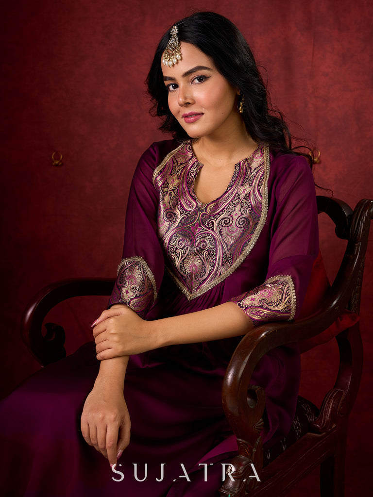 Regal Purple Silk Kurta with Gathered Silhouette & Brocade Accents