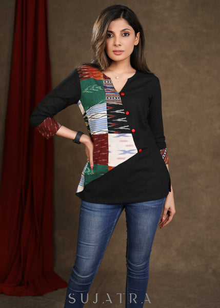 Smart Cotton Ikat patchwork Black Top