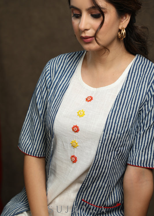 Trendy White Cotton embroidered buttons tunic with indigo shrug - Pant Optional