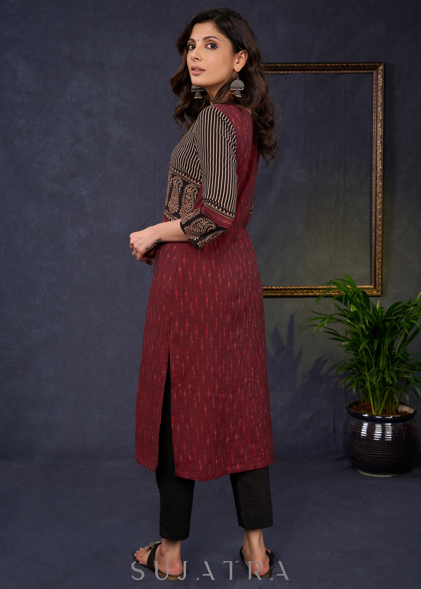 Elegant-Maroon-Cotton-Ikat-And-Ajrakh-Combination-Kurta--Pant-Optional
