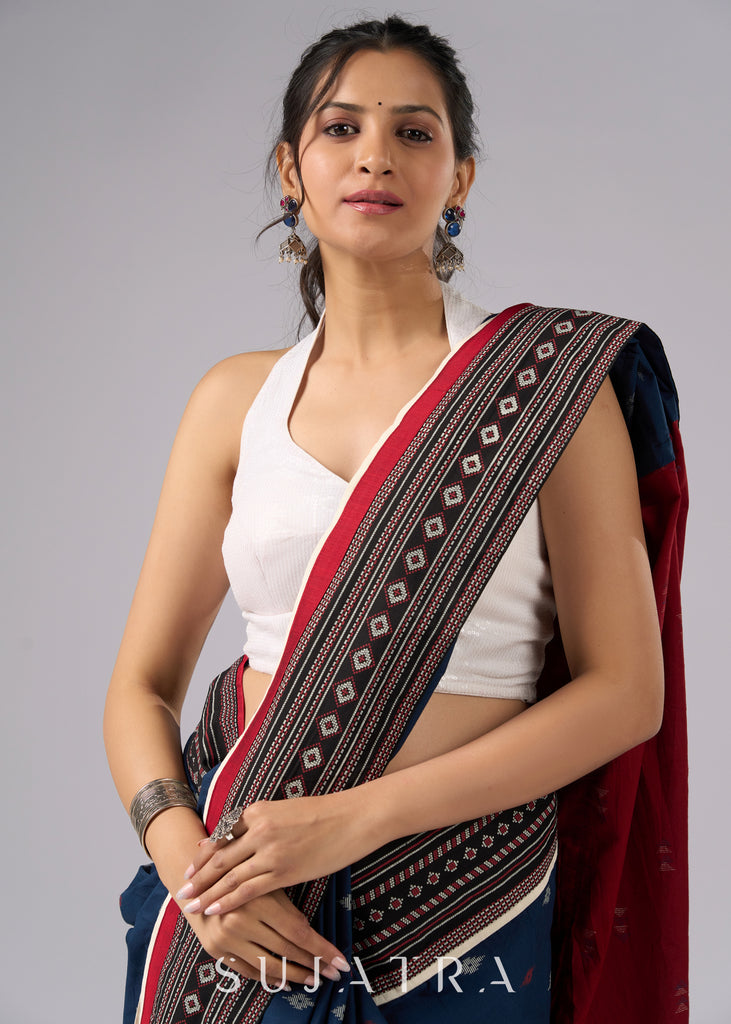 Exclusive blue & maroon combination cotton saree with Ajrakh border