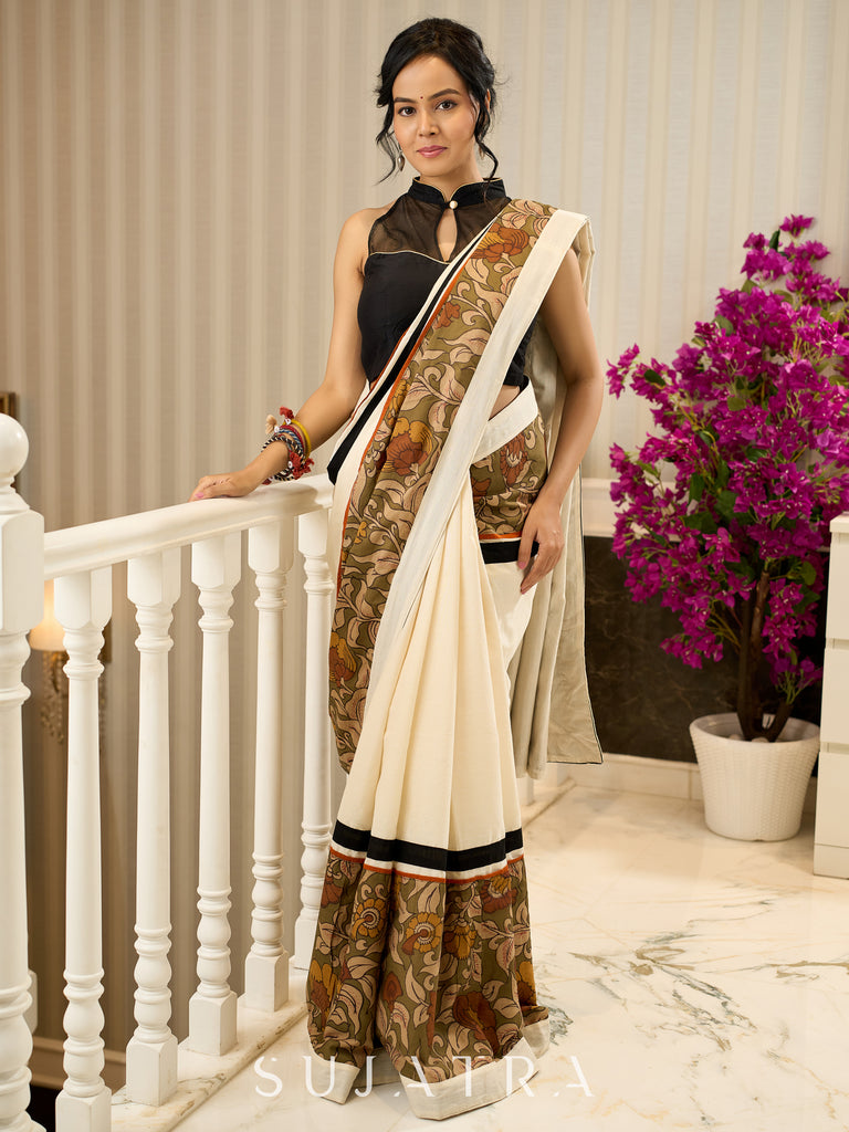 Elegant off white cotton saree with exclusive kalamkari combination