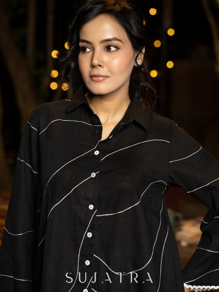 Bold Black Cotton Shirt with Abstract Embroidered Lines and Crochet Lace Accents