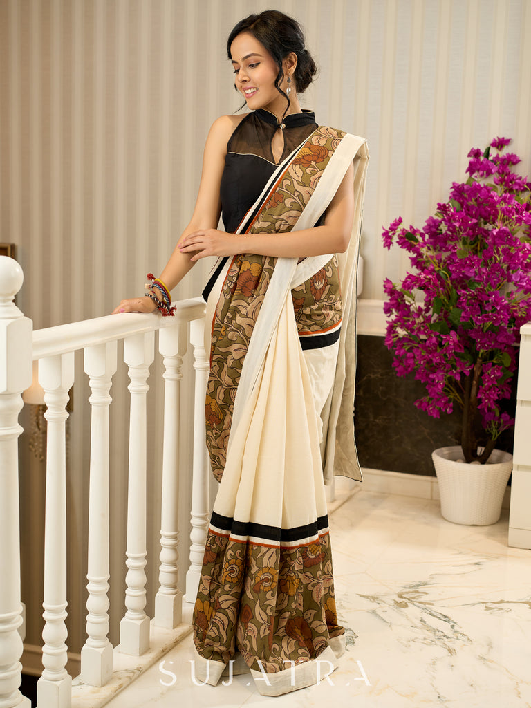 Elegant off white cotton saree with exclusive kalamkari combination