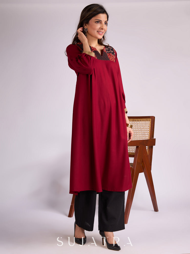 Maroon Rayon Kurta with Ajrakh Patchwork & Pleats Detailing