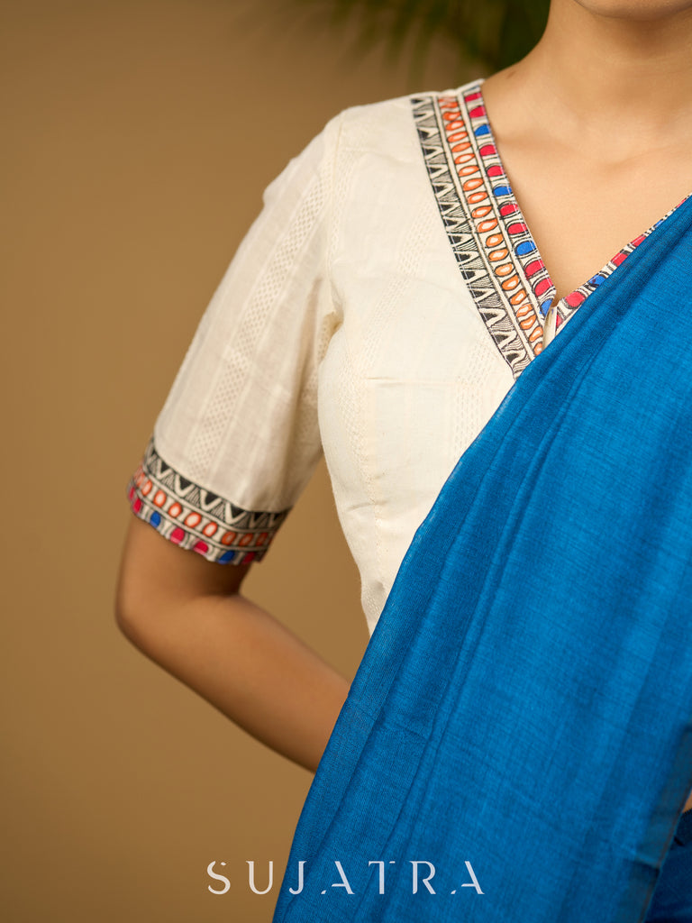 Elegant off-white cotton madhubani Handpainted blouse - Optional Plain Saree