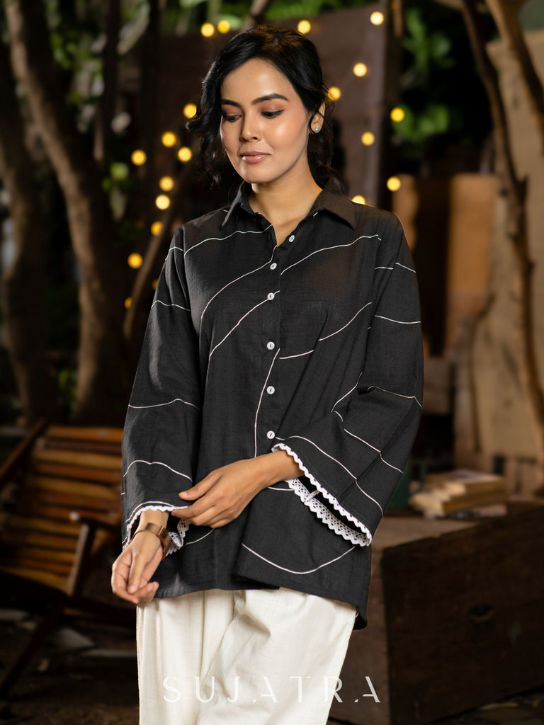 Bold Black Cotton Shirt with Abstract Embroidered Lines and Crochet Lace Accents
