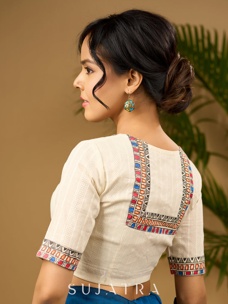 Elegant off-white cotton madhubani Handpainted blouse - Optional Plain Saree