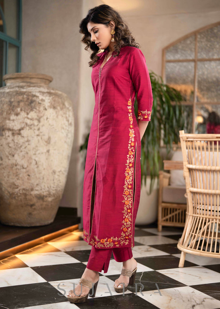 Beautiful Magenta Cotton Silk Pant &Kurta With Embroidery On Sides & Sleeves - Dupatta Optional