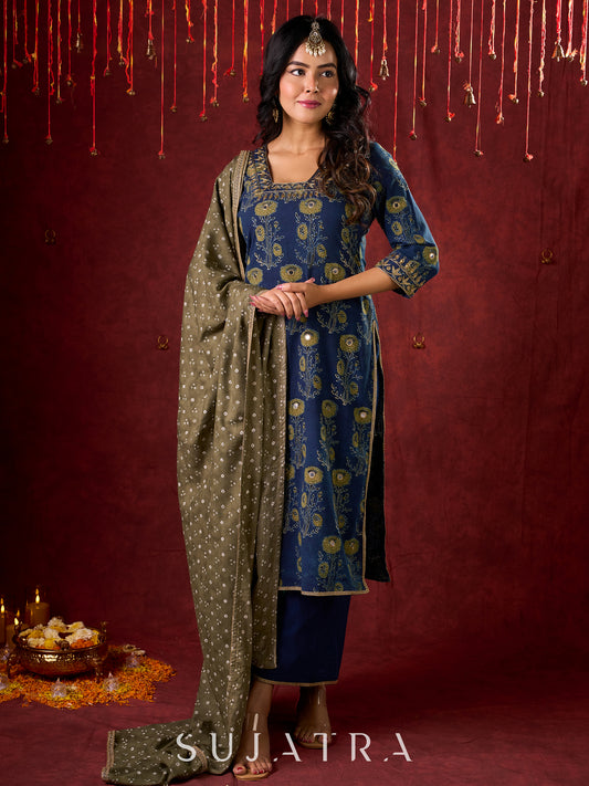 Indigo Ajrakh Kurta with Subtle Embroidered Neckline & Sleeves