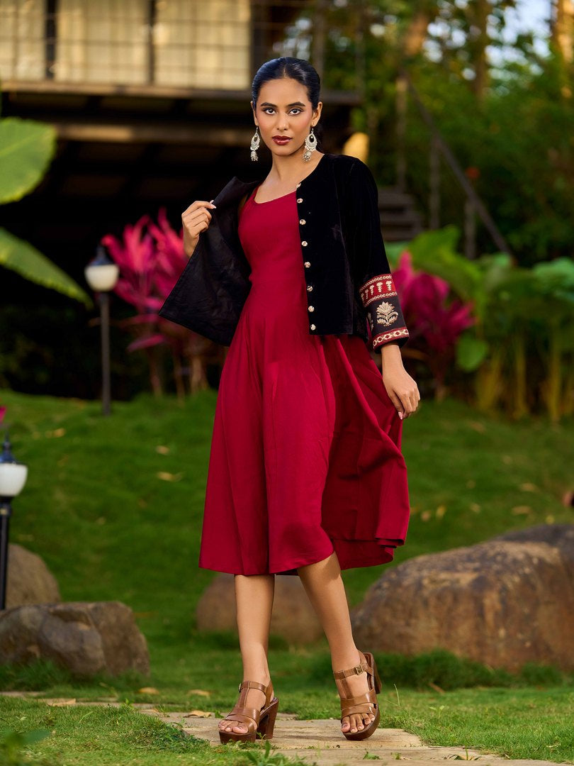 Maroon Rayon Slip Dress - Velvet Jacket Optional