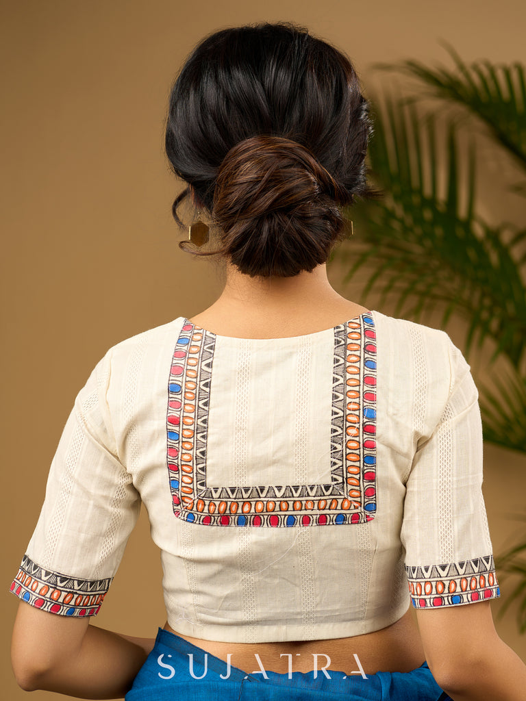Elegant off-white cotton madhubani Handpainted blouse - Optional Plain Saree