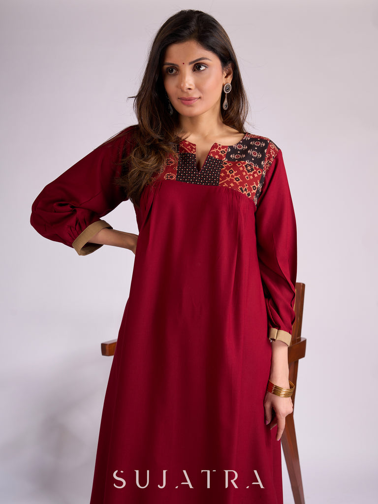 Maroon Rayon Kurta with Ajrakh Patchwork & Pleats Detailing