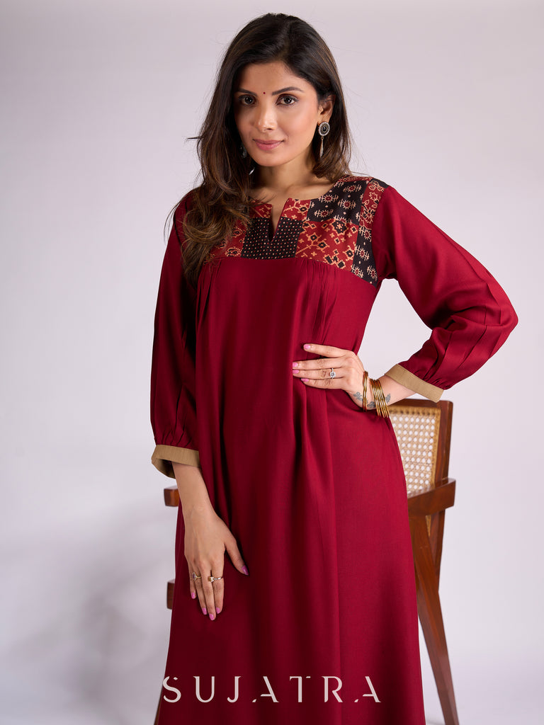 Maroon Rayon Kurta with Ajrakh Patchwork & Pleats Detailing