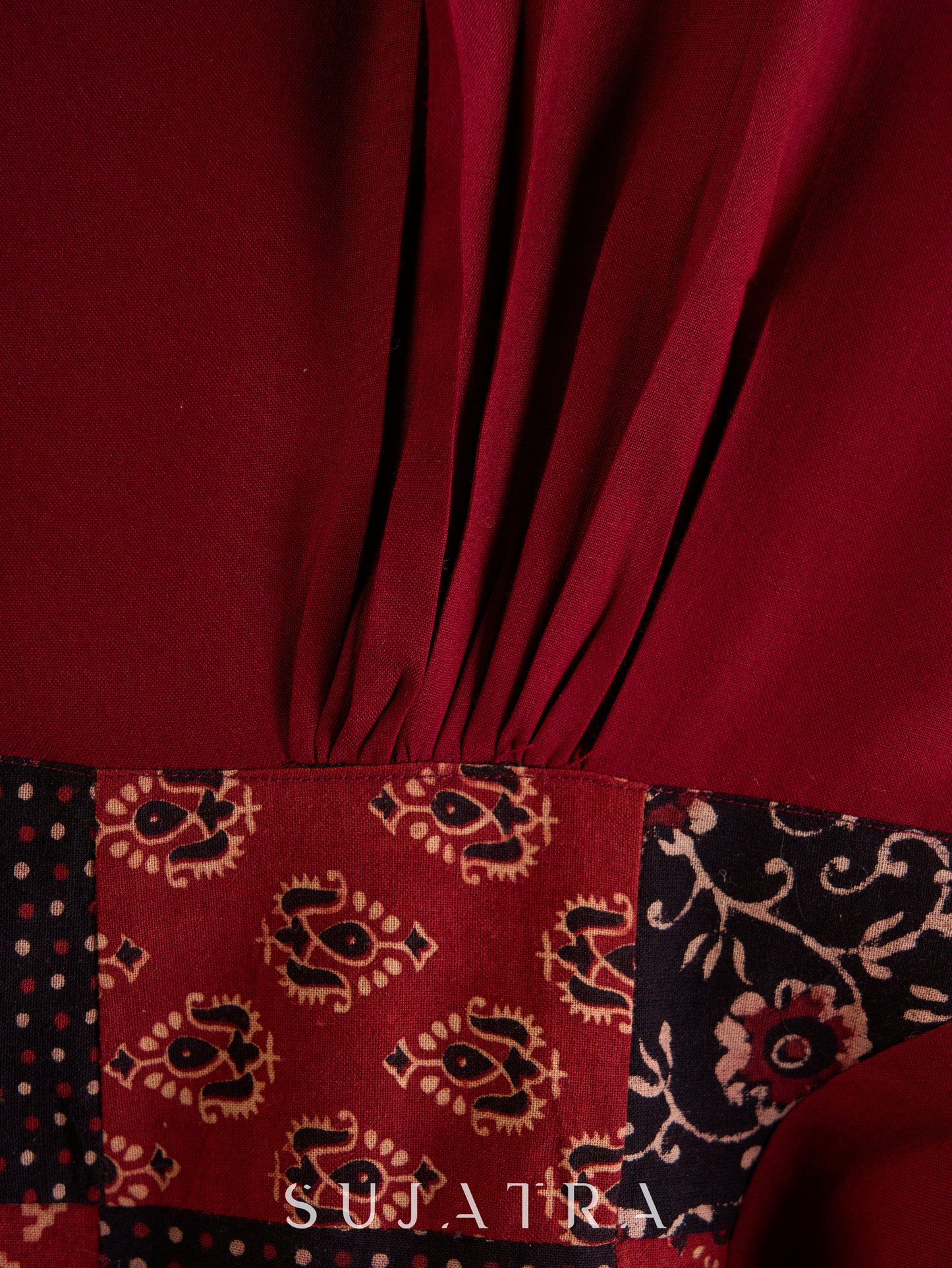 Maroon Rayon Kurta with Ajrakh Patchwork & Pleats Detailing