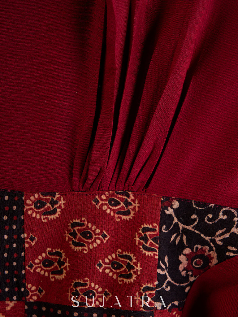 Maroon Rayon Kurta with Ajrakh Patchwork & Pleats Detailing