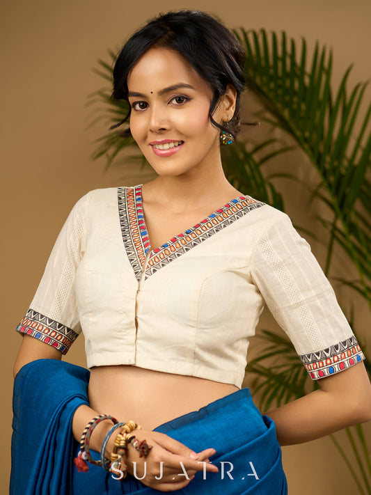Elegant off-white cotton madhubani Handpainted blouse - Optional Plain Saree