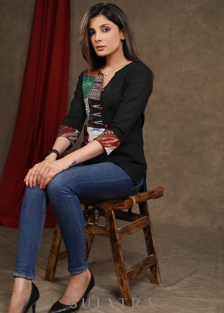 Smart Cotton Ikat patchwork Black Top