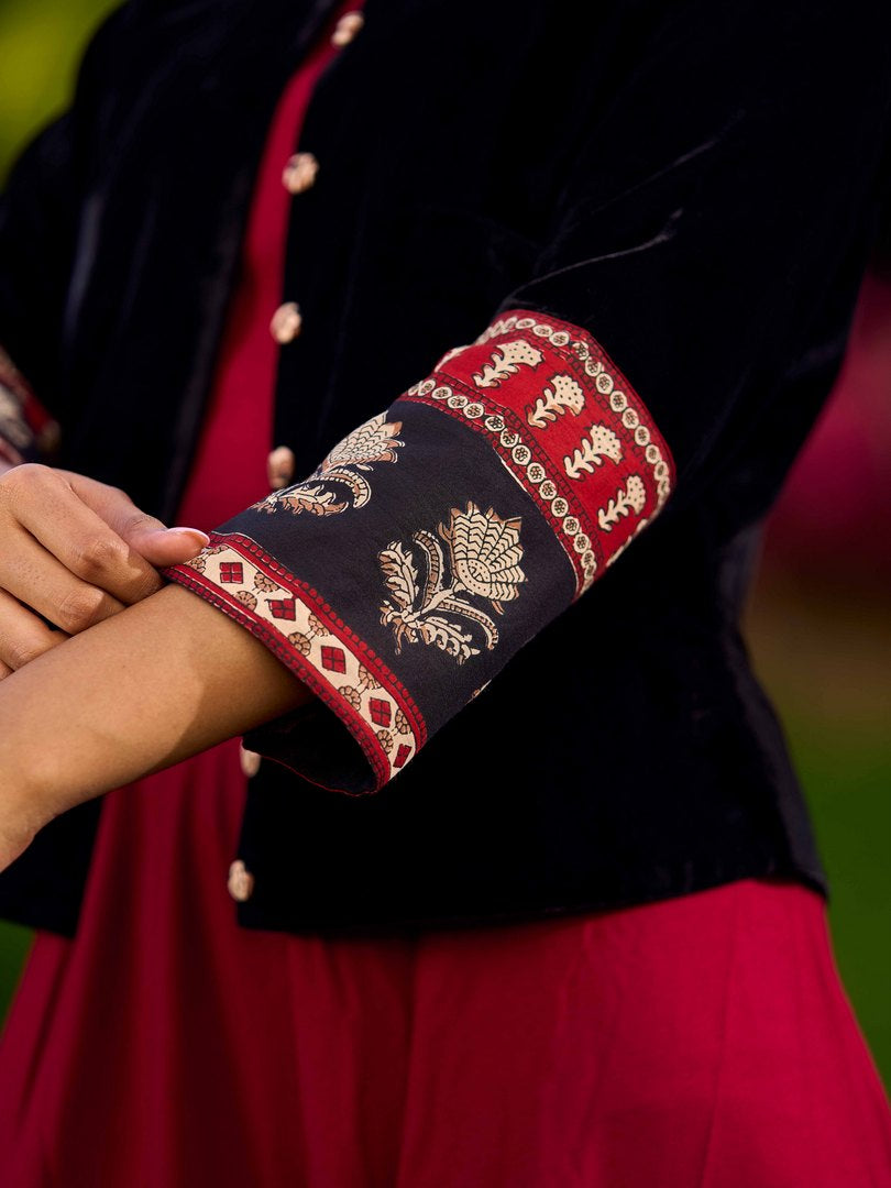 Black Velvet Jacket With Maroon Printed Border Detailing - Dress Optional
