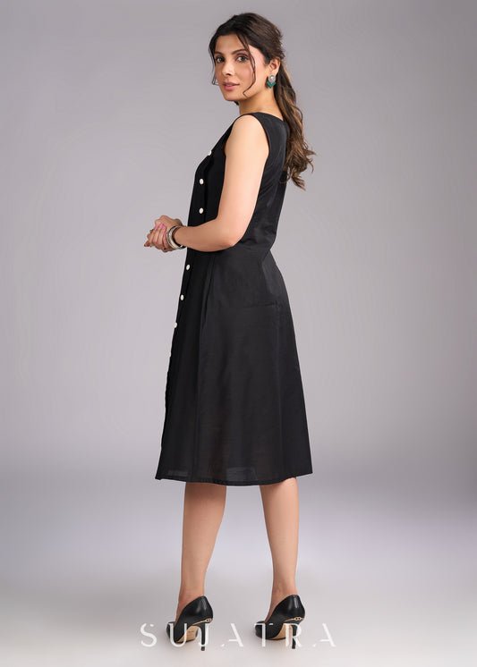 Modern Black Cotton Silk Dress with Button Embellishments