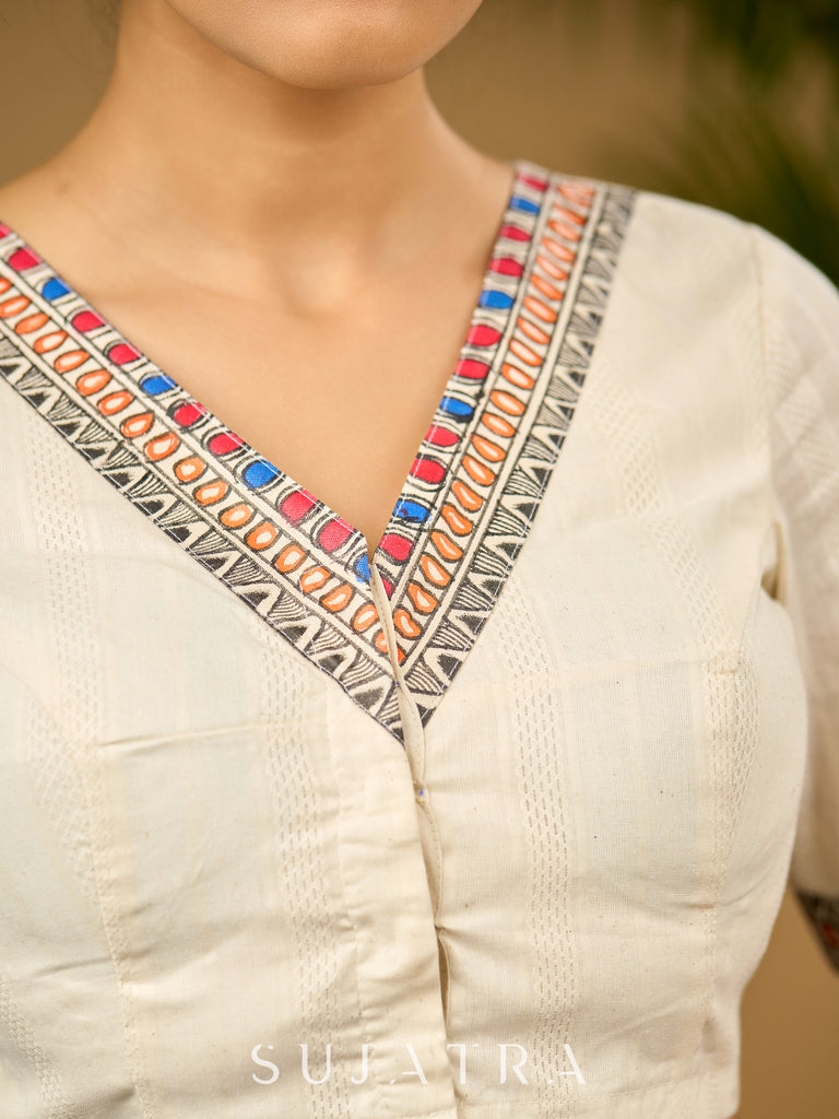 Elegant off-white cotton madhubani Handpainted blouse - Optional Plain Saree
