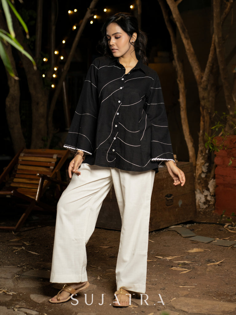Bold Black Cotton Shirt with Abstract Embroidered Lines and Crochet Lace Accents