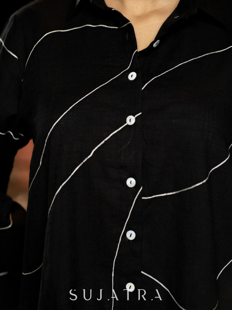 Bold Black Cotton Shirt with Abstract Embroidered Lines and Crochet Lace Accents