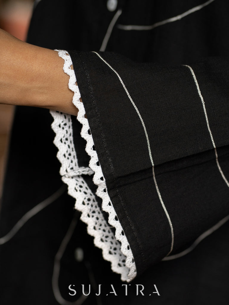 Bold Black Cotton Shirt with Abstract Embroidered Lines and Crochet Lace Accents