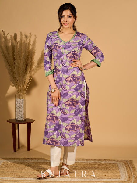 Lilac Grace Printed Mul Cotton Kurta with Contrast Green Touches