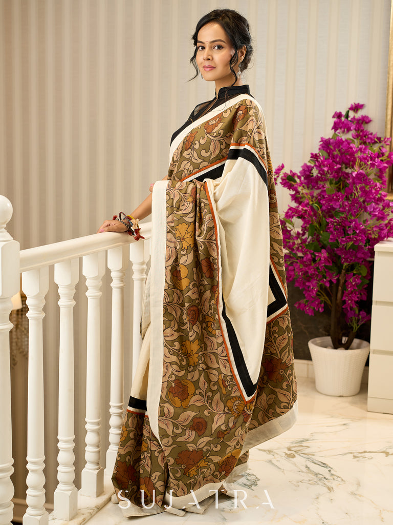 Elegant off white cotton saree with exclusive kalamkari combination